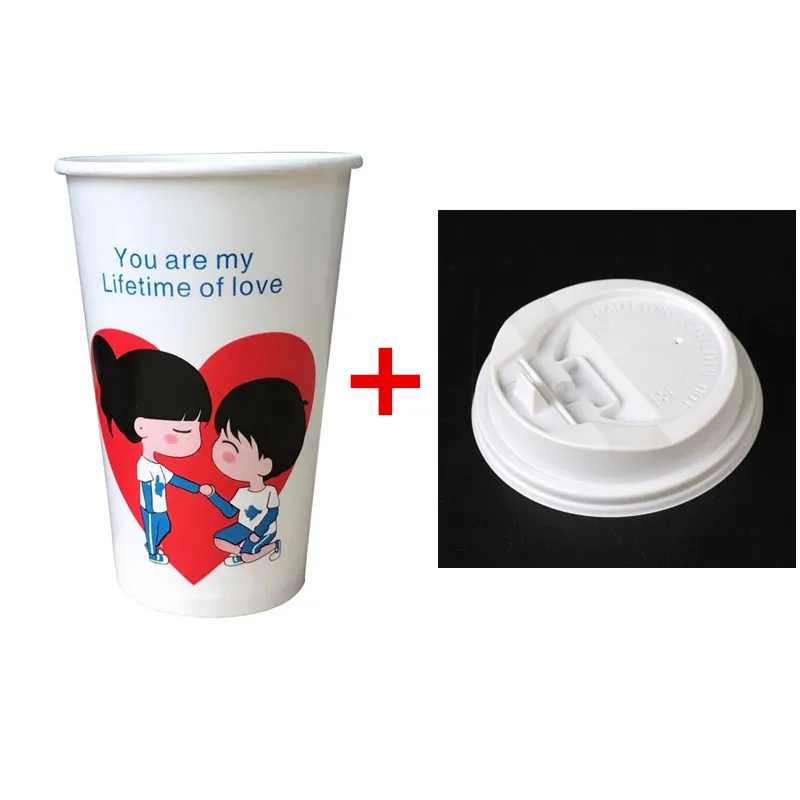 cup and lid2 50 шт. белая плотная бумажная чашка одноразовая кофейная чашка 500 мл для напитков воды упаковка для напитков чашки на День святого Валентина пакеты на вынос - Цвет: cup and lid2