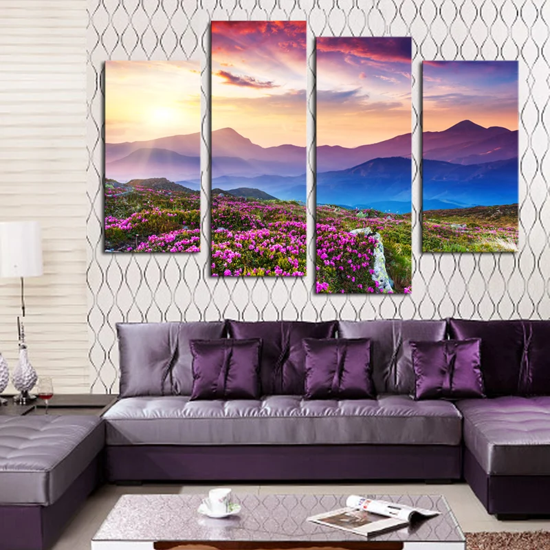 

4 Panels No Frame Modern Colorful Flowers On Mountains Printed Painting Picture Canvas Art Landscape Painting For Living Room
