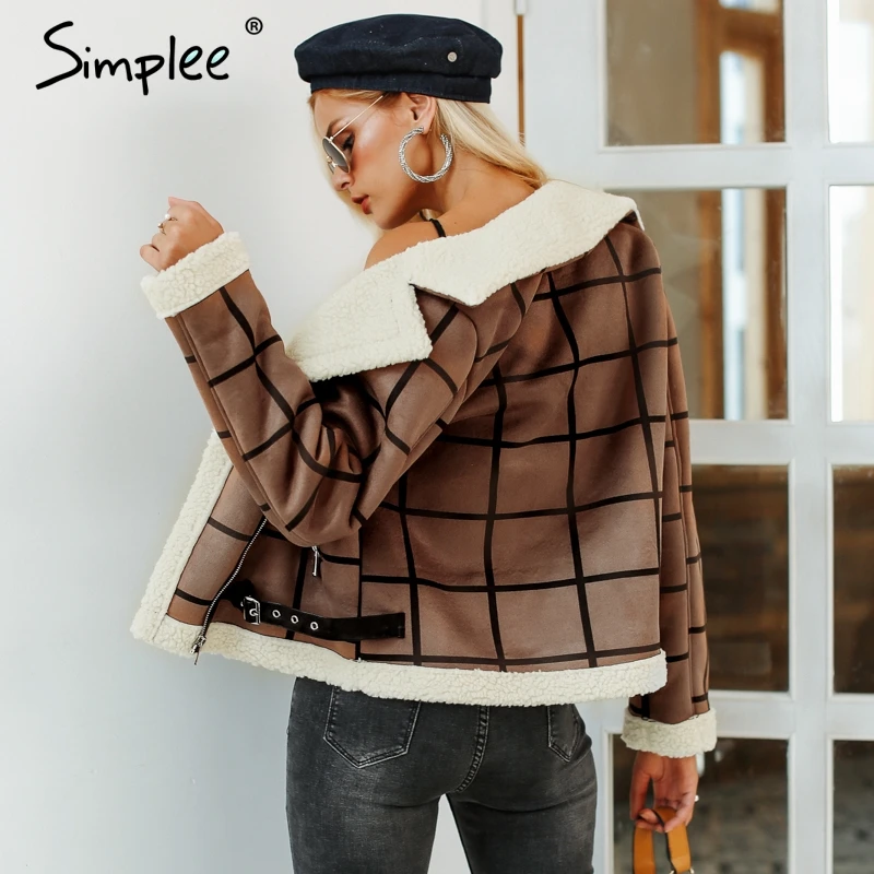 Женская клетчатая куртка Simplee из шерсти шуба искусственного меха с отложным