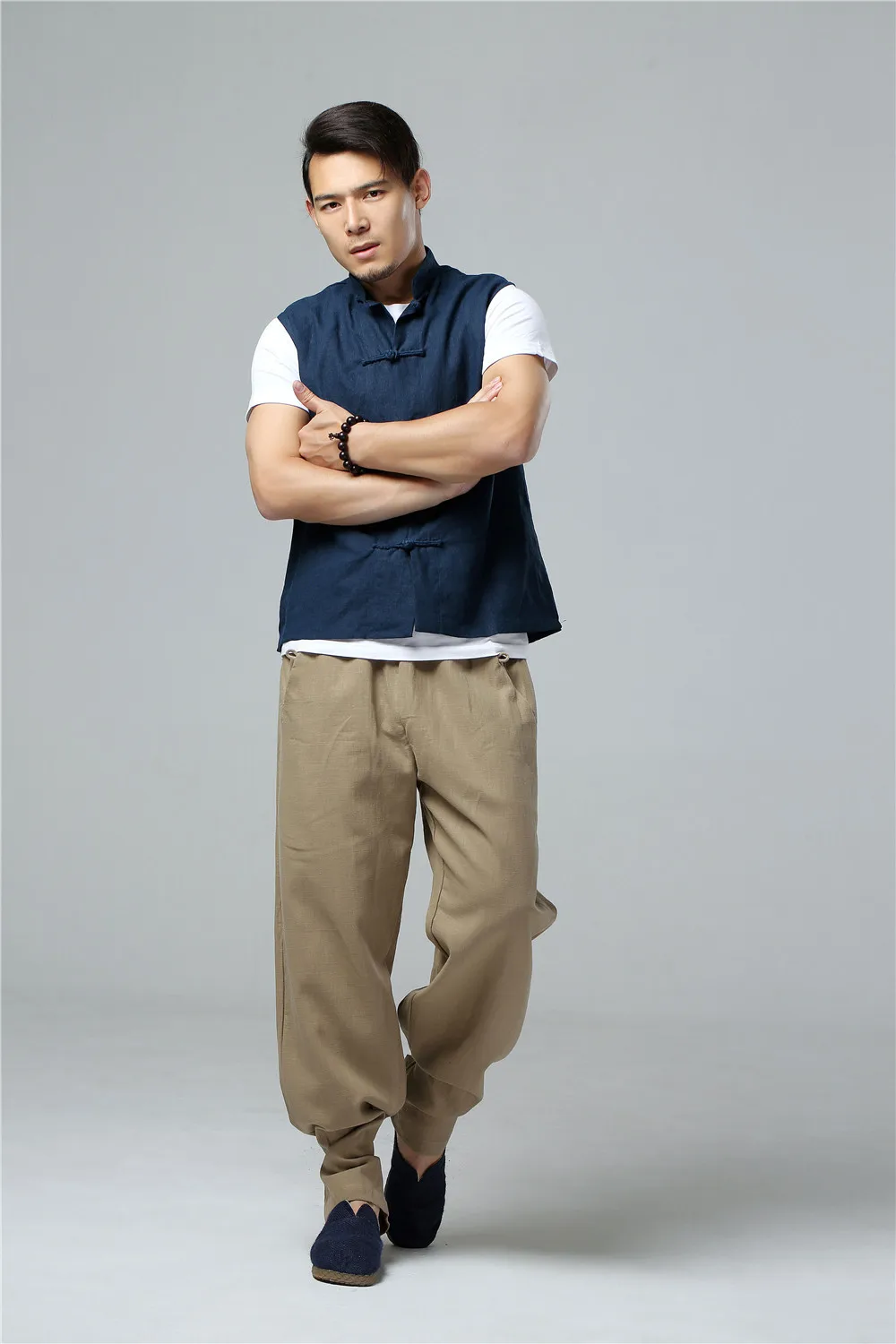 LZJN Men's Summer Waistcoat Chinese Style Vintage Breathable Linen Button Down Kung Fu Shirt Sleeveless Vest Jacket