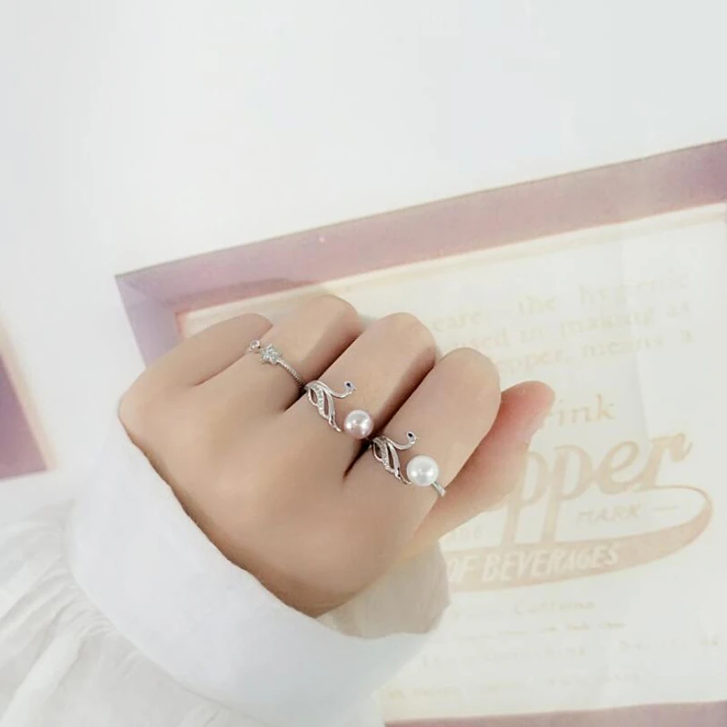 [MeiBaPJ] Simple Fashion 925 Sterling Silver Swan Ring Natural Freshwater Pearl for Women Fine Charm Jewelry Gift Box | Украшения и