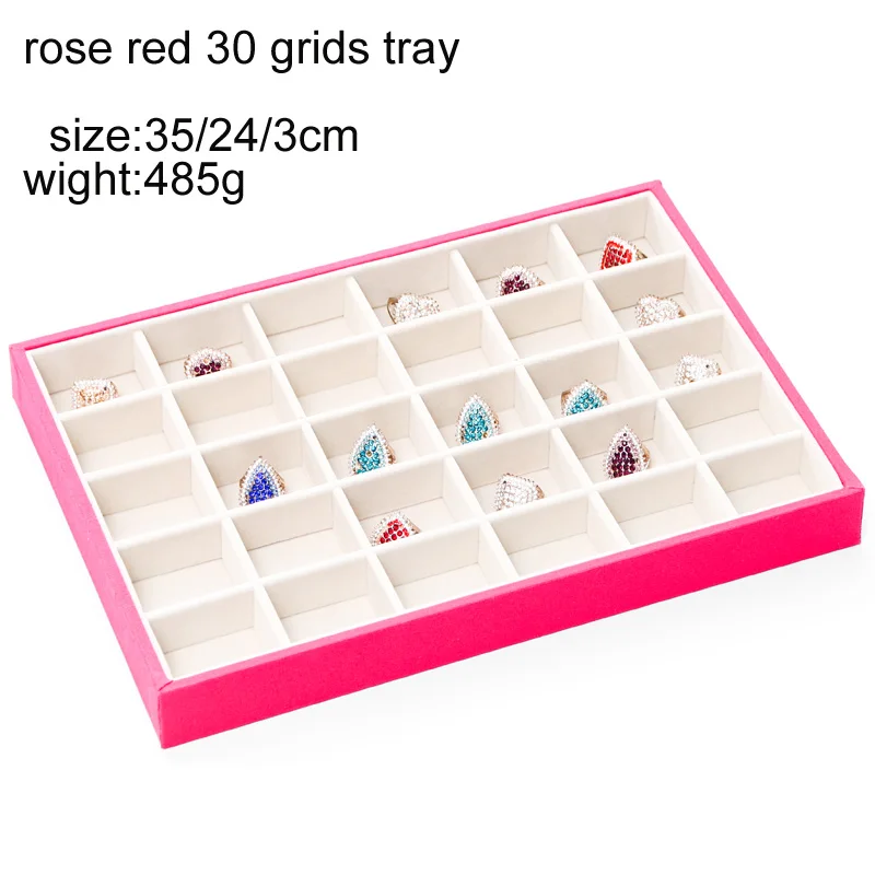 rose red 30grid tray Пять стилей, пять цветов, бархатный лоток для ювелирных изделий, чехол для демонстрации, чехол, ожерелье, кольца, браслет, чехол для демонстрации, Органайзер - Цвет: rose red 30grid tray