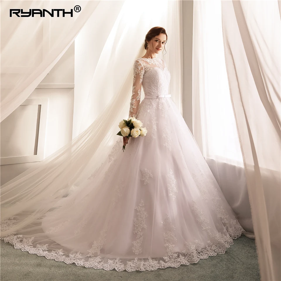 Cheap Vestido De Noiva 2019 Custom Made Lace Up Back Ball Gown Wedding Dress Long Sleeves Princess Robe de mariage | Свадьбы и