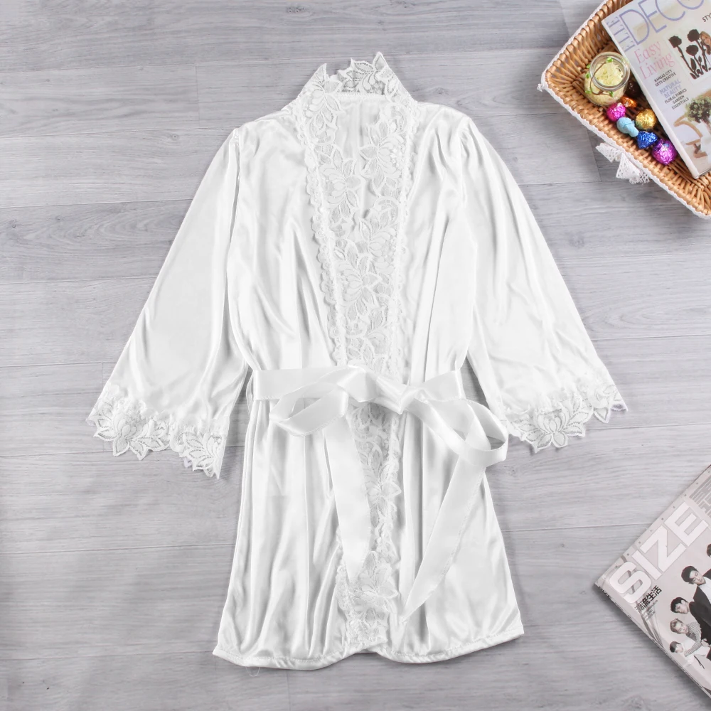 Сексуальный Атласный шелковый халат платье комплект кружевное цветочное ночное