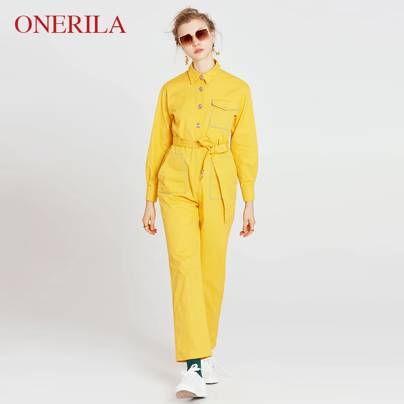 Однорядный осенний повседневный комбинезон с желтым воротником и длинным рукавом для женщин 2018 года ONERILA с поясом.