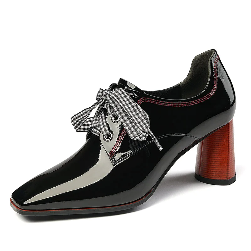 ISNOM Patent Leather Pumps Women High Heels Stripe Pumps Plaid Cross Tied Shoes Female Square Toe Party Shoes Autumn New - Цвет: Черный