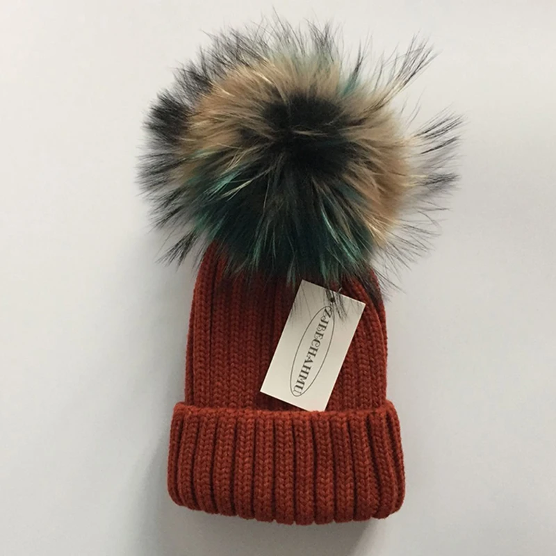 Модная новинка, помпоны из натурального Лисьего меха и норки, 15 см, Skullies Beanies, шапки для женщин и девочек, зимние шапки, детские шапки, шапка