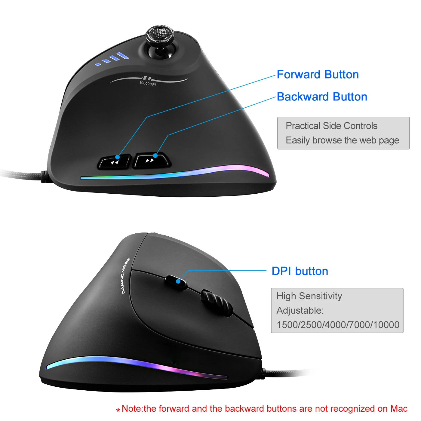 Lefon, вертикальная игровая мышь, проводная, RGB, Эргономичный USB джойстик, программируемые лазерные Игровые мыши, 10000 dpi,, обновленная, для геймера