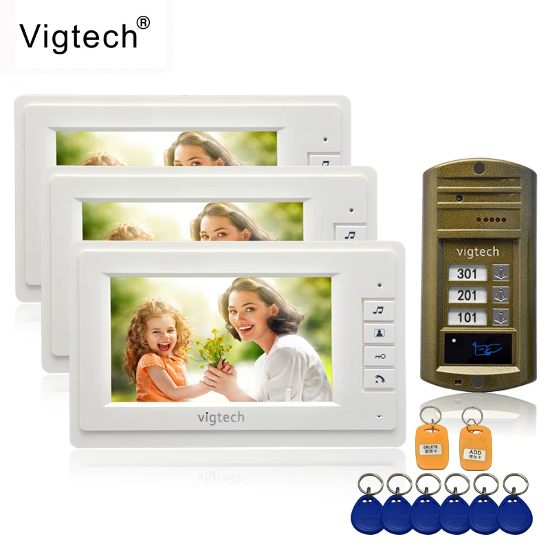 Vigtech 7 ''цветной видео телефон двери 3 Монитора с 1 домофон дверной звонок может