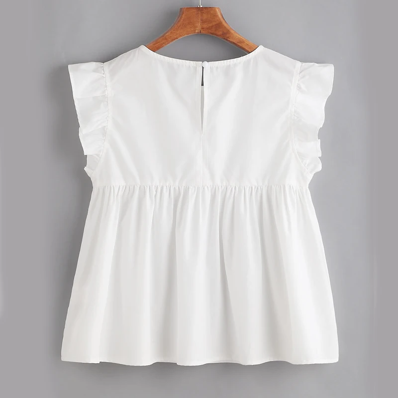 

Flower Embroidered Ruffles Sleeve Babydoll Blouse Women Nice Summer Buttoned Keyhole Blouses Shirts Women Elegant Tops Female