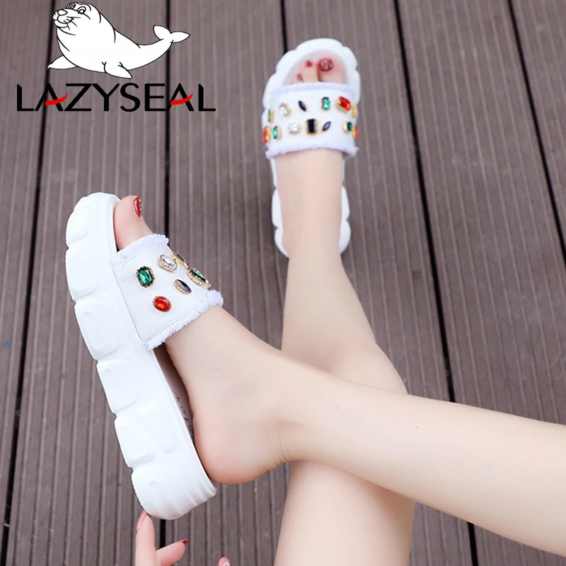 LazySeal летние шлепанцы на плоской подошве; женская обувь со стразами; вьетнамки на рифленой подошве; новые женские шлепанцы; Chanclas Mujer; коллекция года