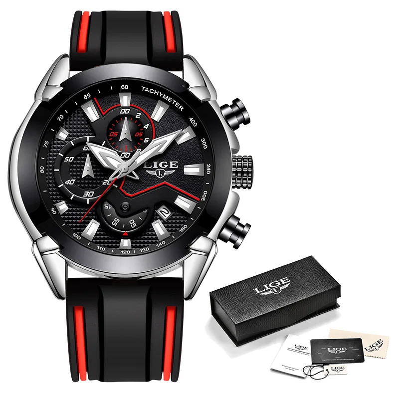 silver black Reloj hombre LIGE модные деловые мужские часы лучший бренд роскошный силиконовый ремешок Спортивные кварцевые часы мужские военные хронограф - Цвет: silver black