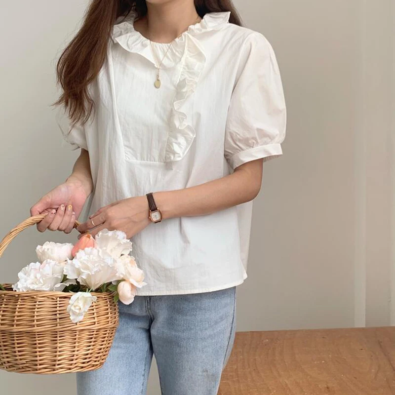 Рубашка женская с оборками летняя винтажная Повседневная Блузка коротким