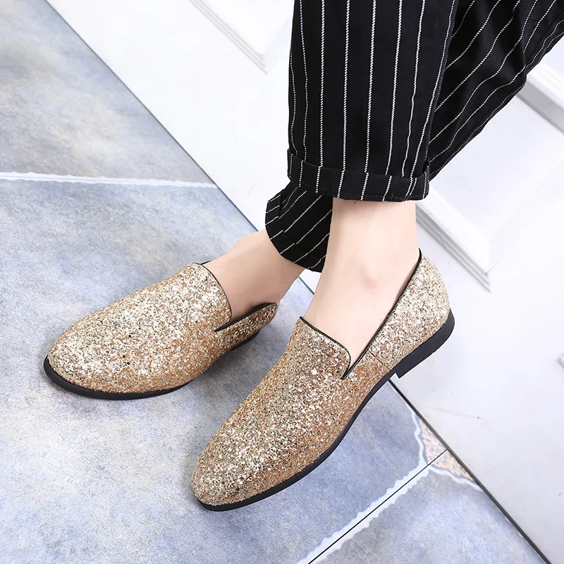 Europe Bling Flat Leather Shoes Rhinestone Fashion Mens Loafer Dress Men Casual Diamond Pointed Toe Gold Silver #33 | Обувь