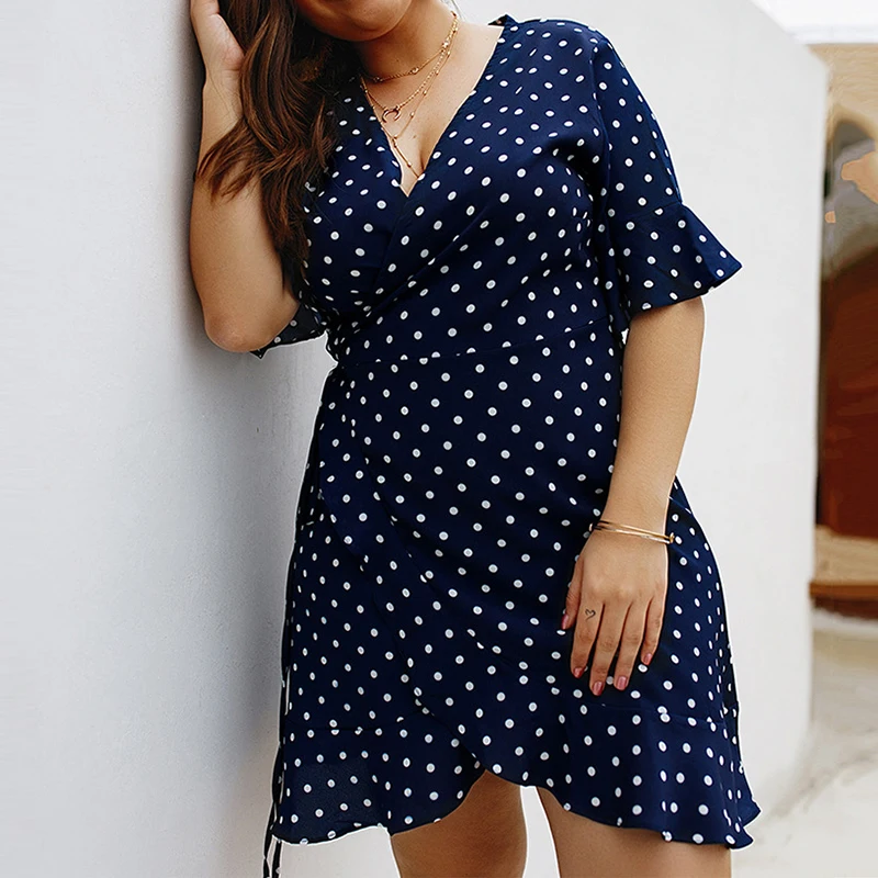 Плюс размер летнее платье женское повседневное с коротким рукавом v образным