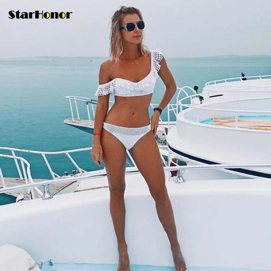 Твердые Кружева с оборками комплект бикини ручной Вязание сексуальный купальник