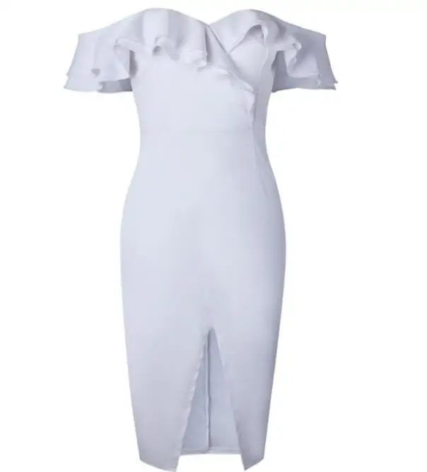 0687 white dress Сексуальная Клубная одежда летнее платье гофрированное с разрезом желтое Vestidos с рукавом-бабочкой облегающее белое миди летнее вечернее платье - Цвет: 0687 white dress