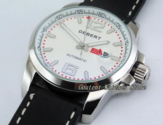 44 мм deber Date Silver SS. Оправа белый циферблат Автоматические Мужские t мужские часы |