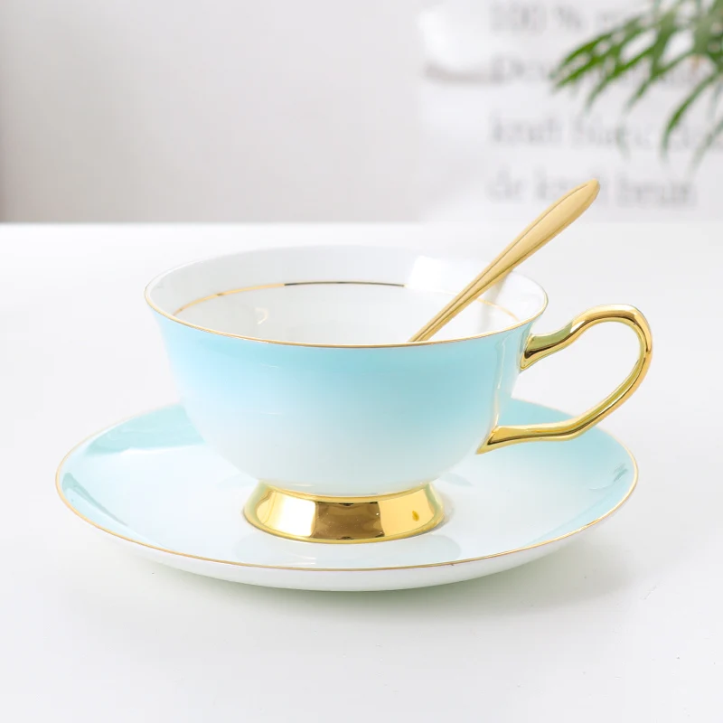 1Cup Костяного фарфора чайная чашка ложка для блюдца набор 200 мл градиентная синяя кофейная чашка Золотой фарфор керамический чайный набор чайная чашка кафе кофейная чашка - Цвет: 1Cup