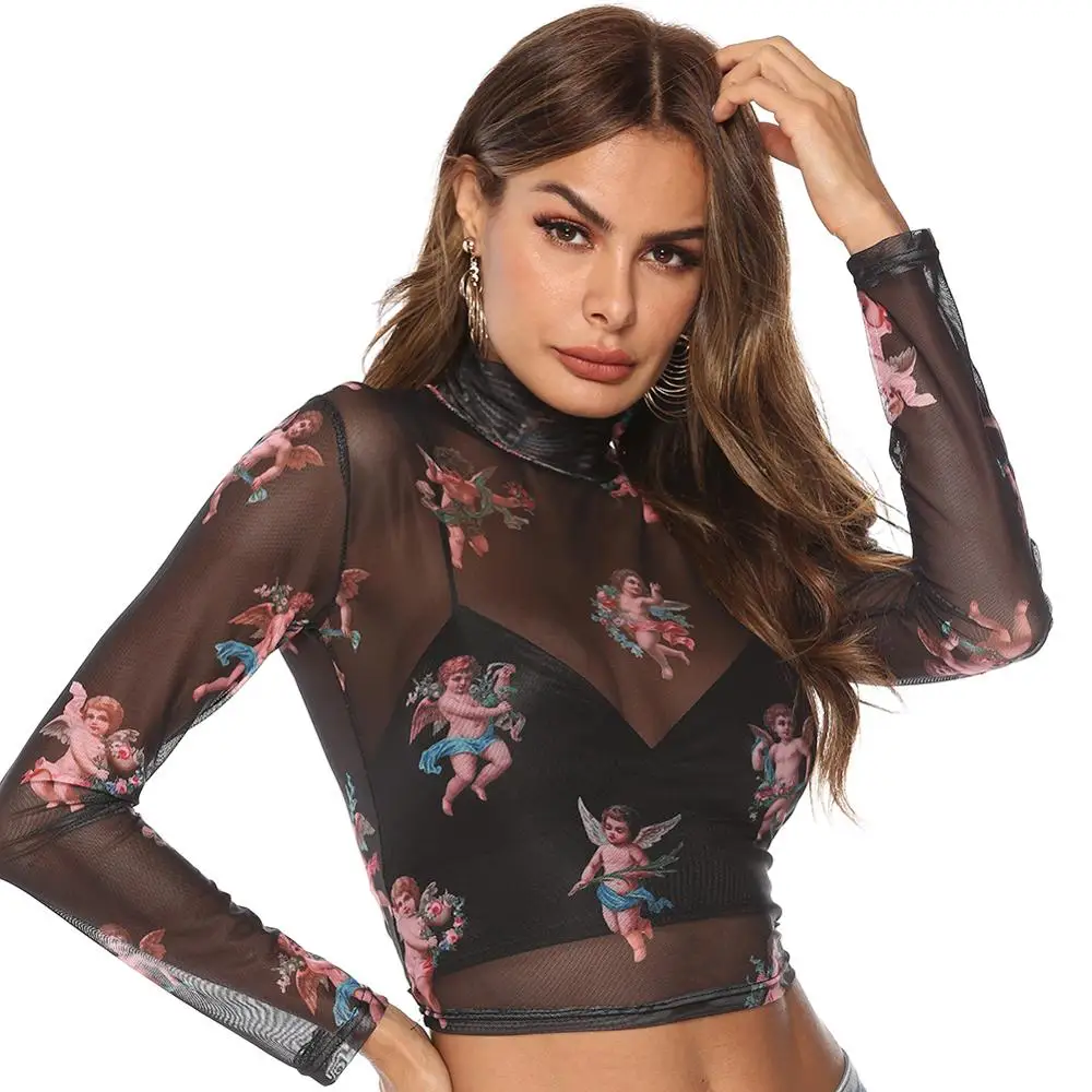 Sexy Transparent Bodycon Long Sleeve T-Shirt Angel Print Cropped Tshirt Mesh Tops Slim Ladies Turtleneck Streetwear | Женская одежда