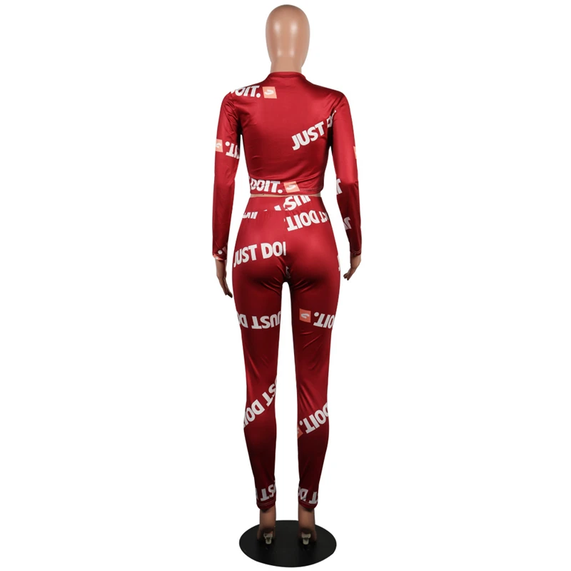 Letter Printed Sexy 2 Piece Set Autumn Long Sleeve Crop Top And Skinny Full Length Pants Women Black Casual Outfits GRNSHTS