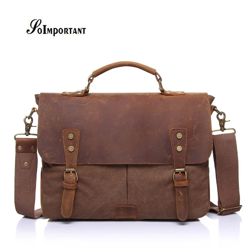 Vintage Genuine Leather Oil Wax Canvas Men Bags Cowhide Male Laptop Tote Crossbody Shoulder Handbag Travel Messenger Handmade