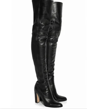2019 Winter Over The Knee High Boots Black Thigh Square Heel Round Toe Zip Autumn Shoes Fashion Motorcycle Booties | Обувь