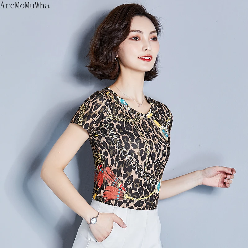 AreMoMuWha 2019 New Female Summer Fashion Print Leopard T-shirt Short-sleeved Slim Slimming Half-sleeved Shirt234 | Женская одежда