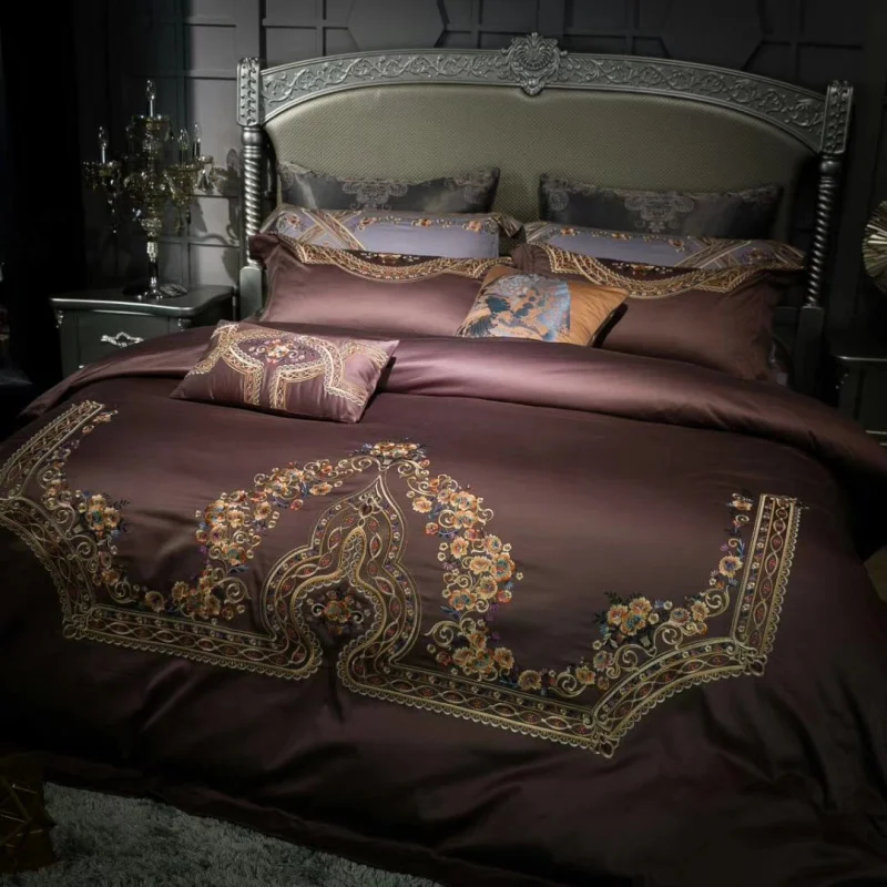 

120S Egyptian Cotton coffee Embroidery Luxury Bedding Set 4pcs King Queen Wedding Bed Sheet Cover set Duvet cover Pillowcase