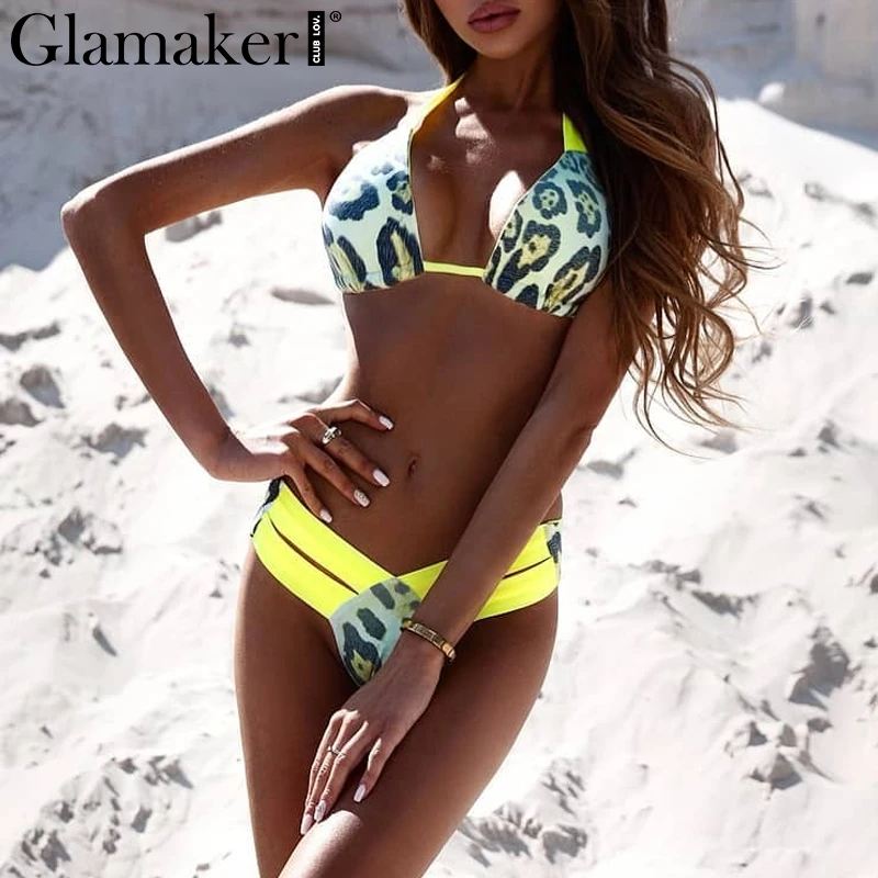 Glamaker сексуальный желтый костюм из двух частей бразильский боди для женщин Леопардовый боди для ребенка Женский Холтер с высоким вырезом летний Боди