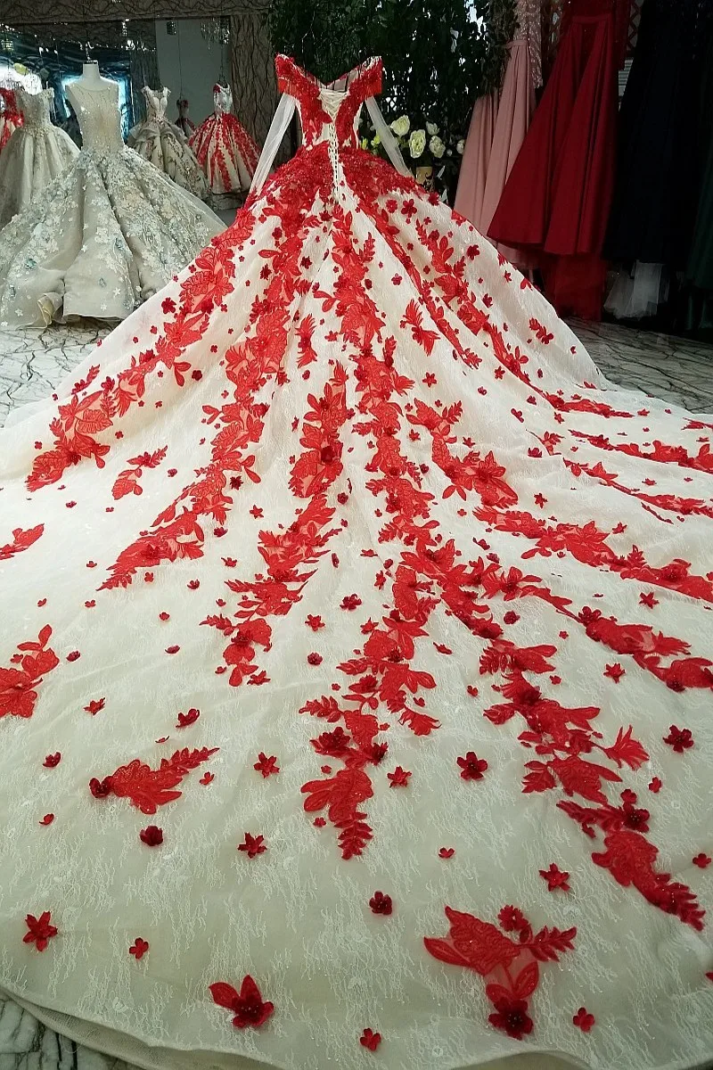 Романтическое красное кружевное свадебное платье с цветами бальные платья 2018
