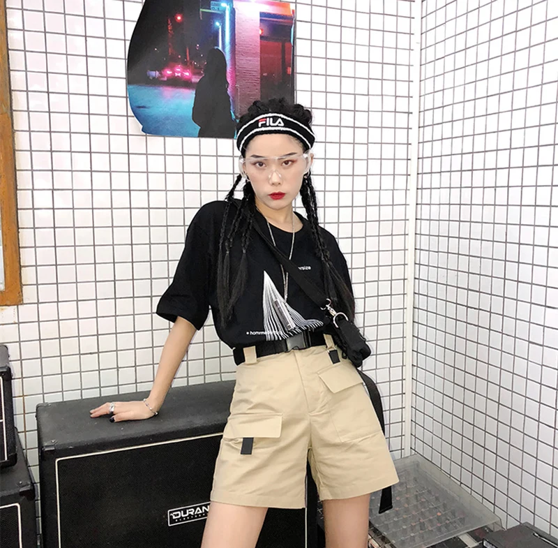 Повседневные летние шорты женские с высокой талией Harajuku корейские модные тренировочные брюки мини короткие Feminino уличный стиль Rave Hotpants 50H0259