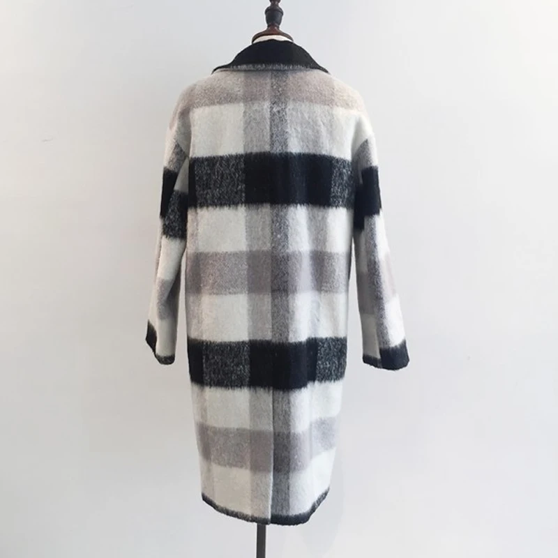 

Nice New Autumn Winter Cashmere Trench Jacket Women Casual Black White Plaid Coat Thickness Warm Button Pocket Jackets