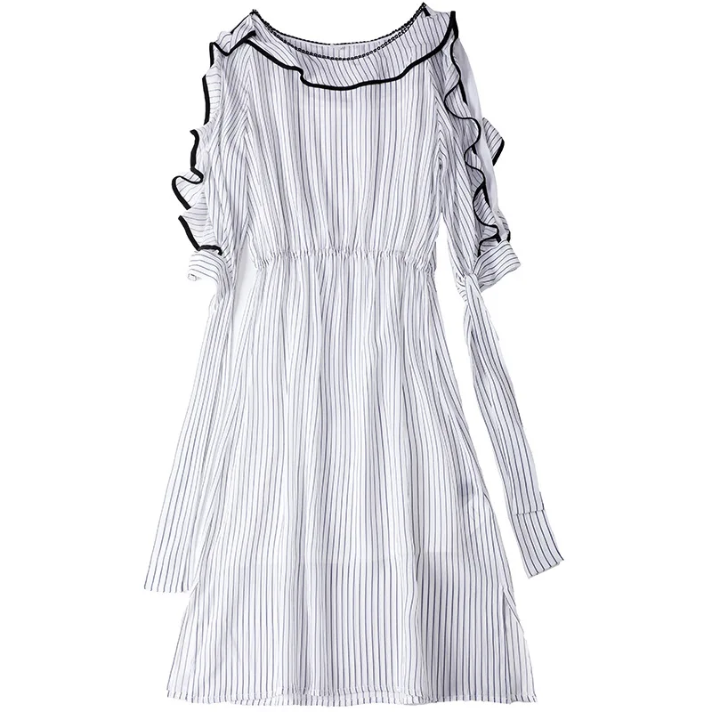 Summer Silk Dress Woman High Quality New Round Neck Butterfly Sleeves Elastic Waist Slim Stripes Dress Above The Knees S-XL
