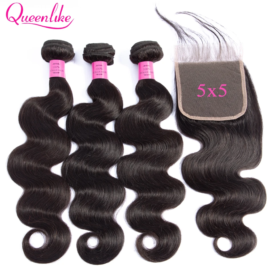 5x5 Lace Closure With Bundles 100% Human Hair Weft 30 32 34 36 Inch Remy Hair Weaving 3 Brazilian Body Wave Bundles With Closure
