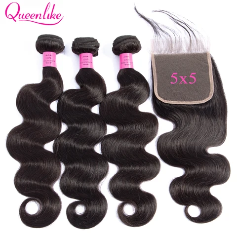 5x5, кружевные застежки пряди, 100% натуральные волосы, вьющиеся волосы Queenlike, 3 4 бразильские волнистые пучки с застежкой