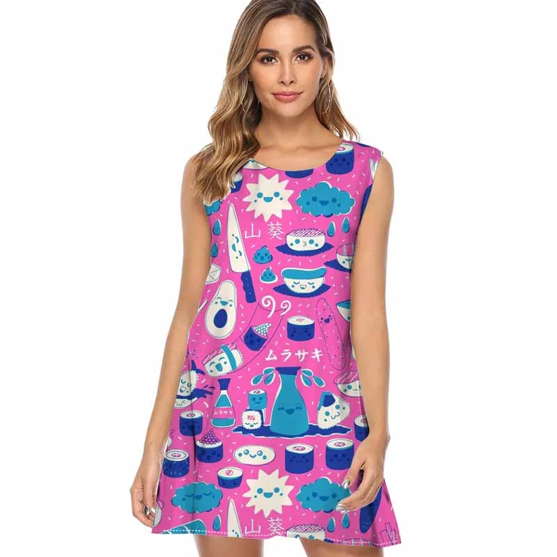 

Summer Dress Women Sleeveless A Line O Neck Summer Flowers Printed Women Vintage Beach Party Mini Dress Casual Short Dress