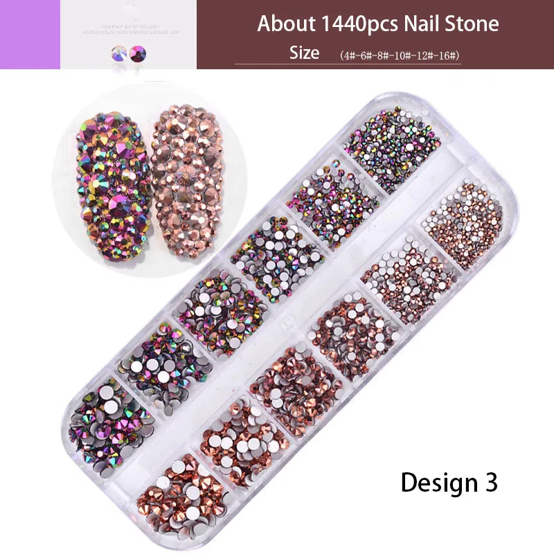 Design3 1440 шт./кор. микс Размеры с украшением в виде кристаллов разноцветные прозрачные стразы 3D Нейл-арт Декор для маникюра, блестящие Самоцветы камни Маникюр DIY бусины с плоской поверхностью - Цвет: Design3