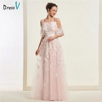 dressv light peach long prom dress straps simple a line appliques zipper up floor length evening party gown prom dresses