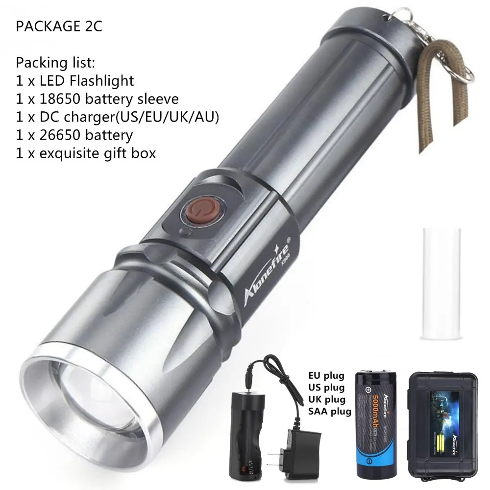AloneFire X900 CREE XML T6 светодиодный фонарь Zaklamp алюминиевый фонарь с зумом водонепроницаемый фонарь hike 26650 аккумулятор USB зарядка - Испускаемый цвет: Package 2C