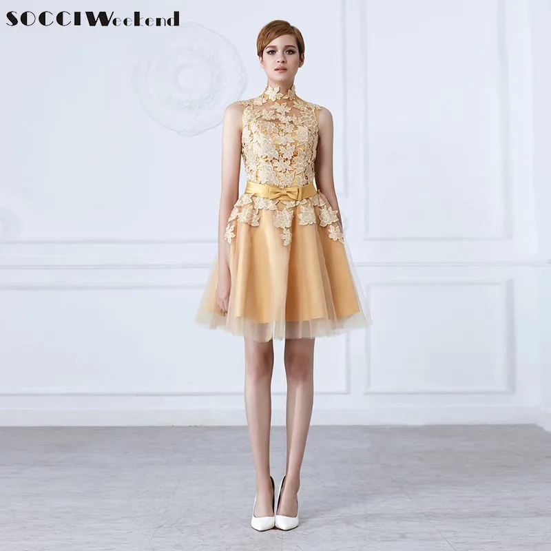 SOCCI/модное короткое золотое вечернее платье с высоким воротом и кружевным