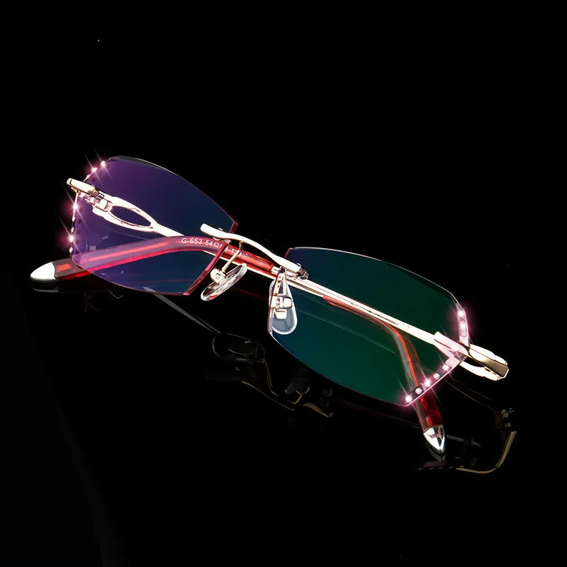 

Luxury Rhinestone Reading Glasses Women Diamond Cutting Rimless Glasses High Clear Women's Pink Readers Presbyopic Eye Glasses
