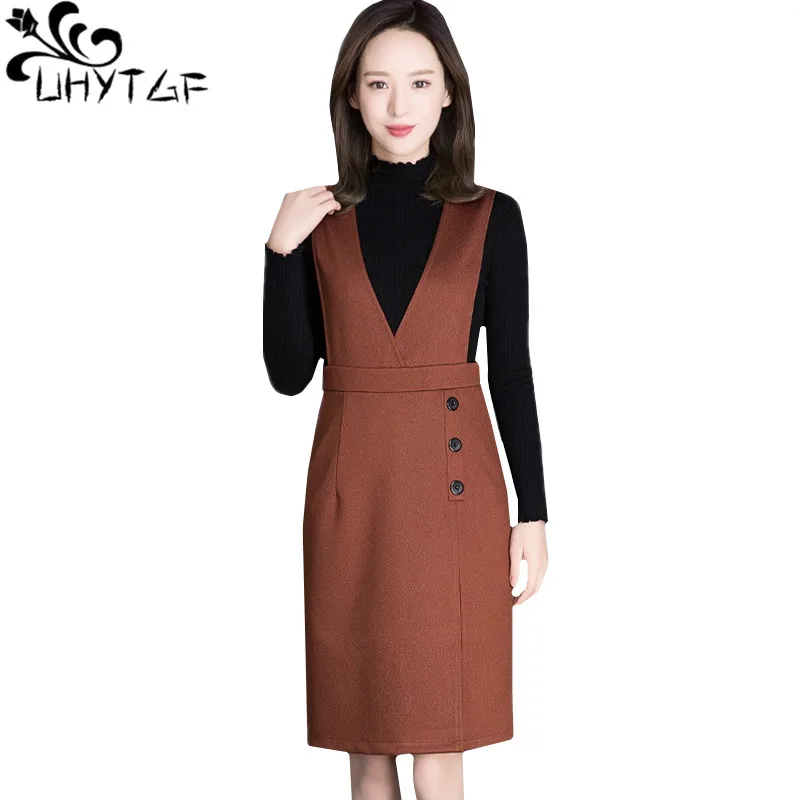 

UHYTGF Autumn two piece skirt set for women Fashion slim sleeveless vest dress Long sleeve knit sweater casual two-piece set 137