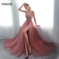 abendkleider 2018 sexy evening dress long a line high slit v neck beads crystal backless formal prom evening gown robe de soiree