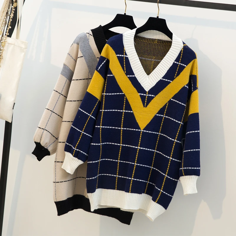 Осенне-зимний новый уличный модный клетчатый длинный свитер контрастных цветов