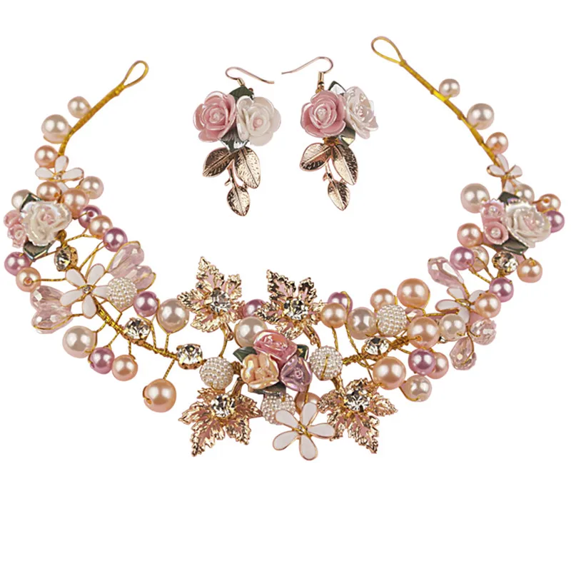 

Handmade Flower Headpieces Wedding Bridal Pearl Crystal Headbands For Bride Hair Accessories Jewelry Tiara Headwear + Earring