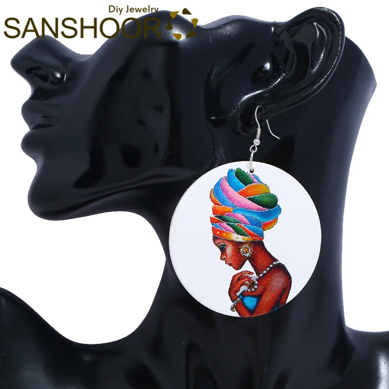 SANSHOOR/оптовая продажа африканские деревянные висячие серьги с принтом Черная