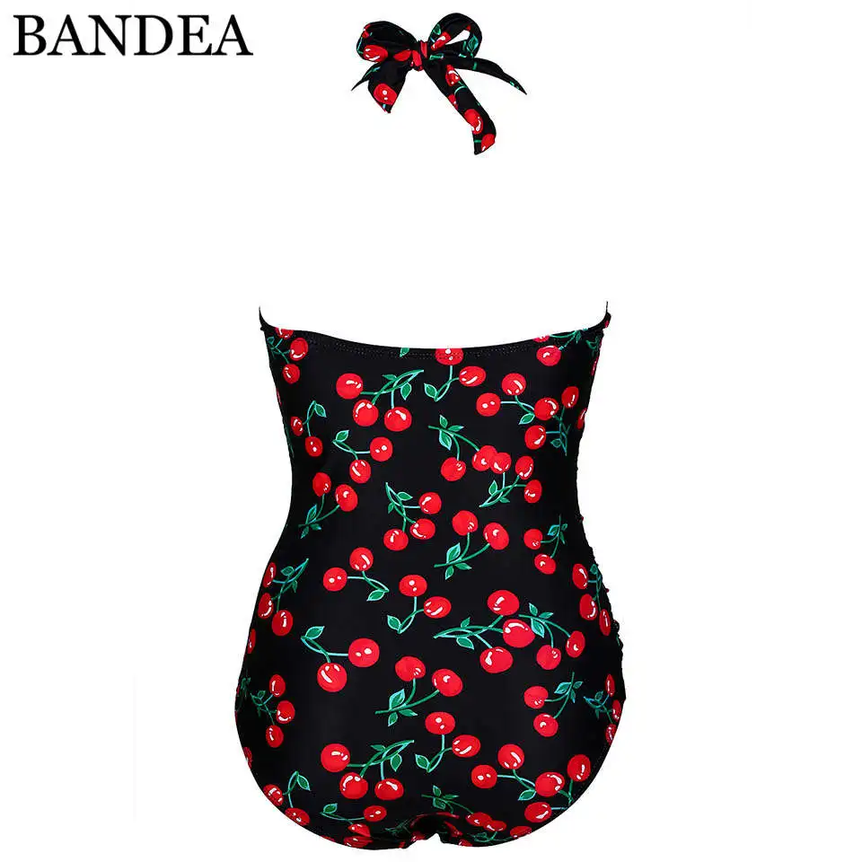

BANDEA Swimwear Women One Piece Swimsuit Dot Plus Size Swimsuit Halter Top Push Up Bodysuit Bathing Suit Cherry Print 4XL