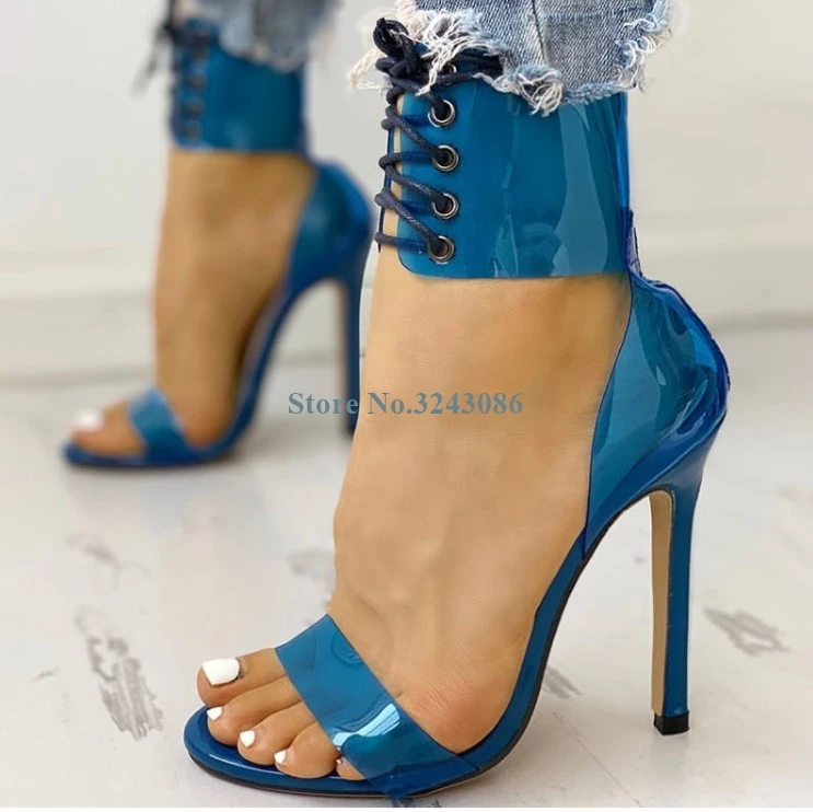 Harga Transparan PVC Tali Pergelangan Kaki Tipis High Heel Sandal Orange Cross Diikat Stiletto Heels Jelly Sepatu Seksi Pesta Musim Panas Wanita Sepatu