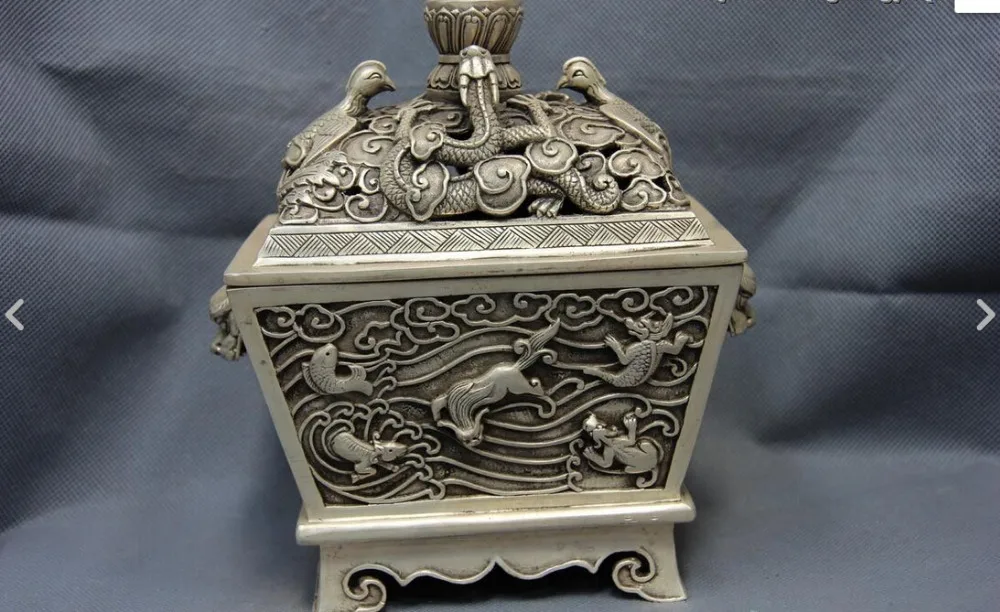 Тибет Монастырь Белый Медь Серебро Дракон Птица Зверь Банку Кадило курильница |